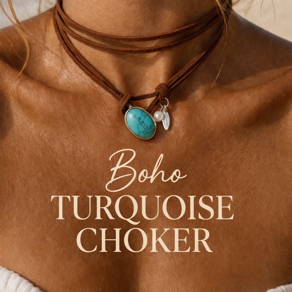 Jewelry - Boho Turquoise Choker Necklace Beachy Layered Brown Cord